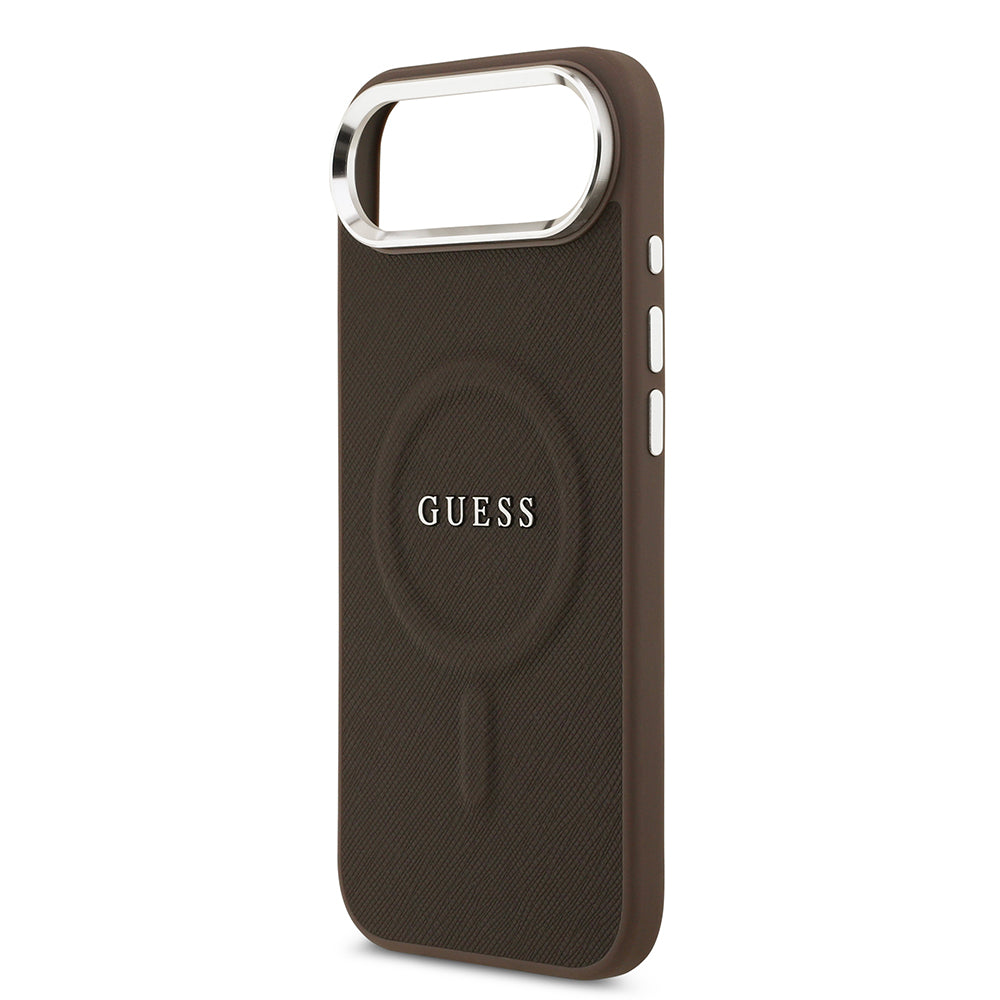 Apple iPhone 17 Air Kılıf Guess M-safe Şarj Özellikli Klasik Yazı Logolu PU Deri Kapak Kahverengi