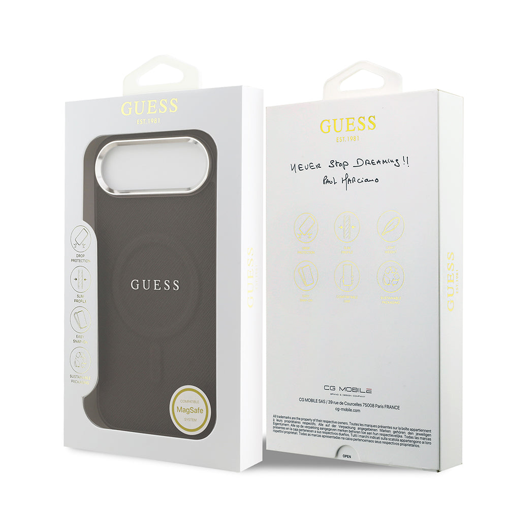 Apple iPhone 17 Air Kılıf Guess M-safe Şarj Özellikli Klasik Yazı Logolu PU Deri Kapak Kahverengi