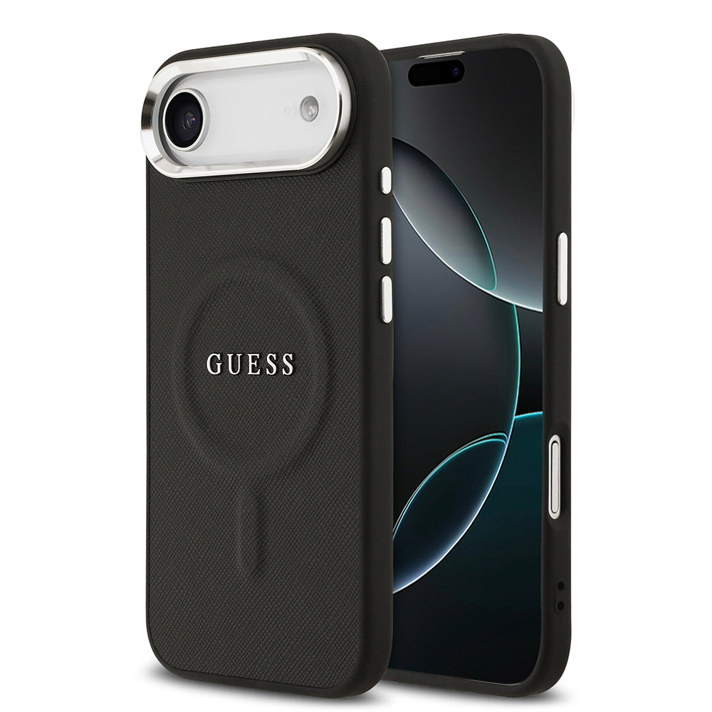 Apple iPhone 17 Air Kılıf Guess M-safe Şarj Özellikli Klasik Yazı Logolu PU Deri Kapak Siyah