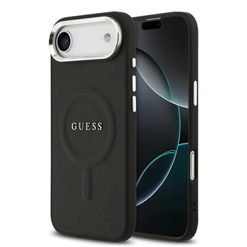 Apple iPhone 17 Air Kılıf Guess M-safe Şarj Özellikli Klasik Yazı Logolu PU Deri Kapak Siyah