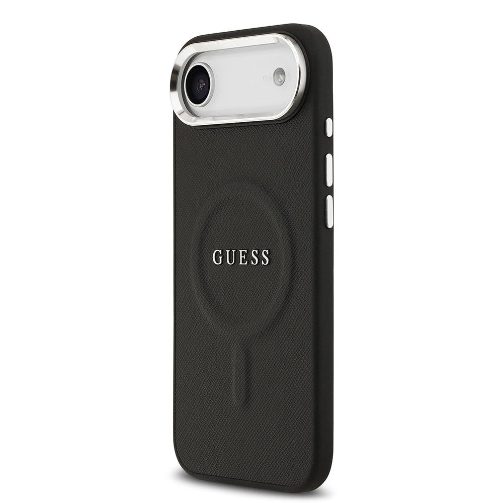 Apple iPhone 17 Air Kılıf Guess M-safe Şarj Özellikli Klasik Yazı Logolu PU Deri Kapak Siyah