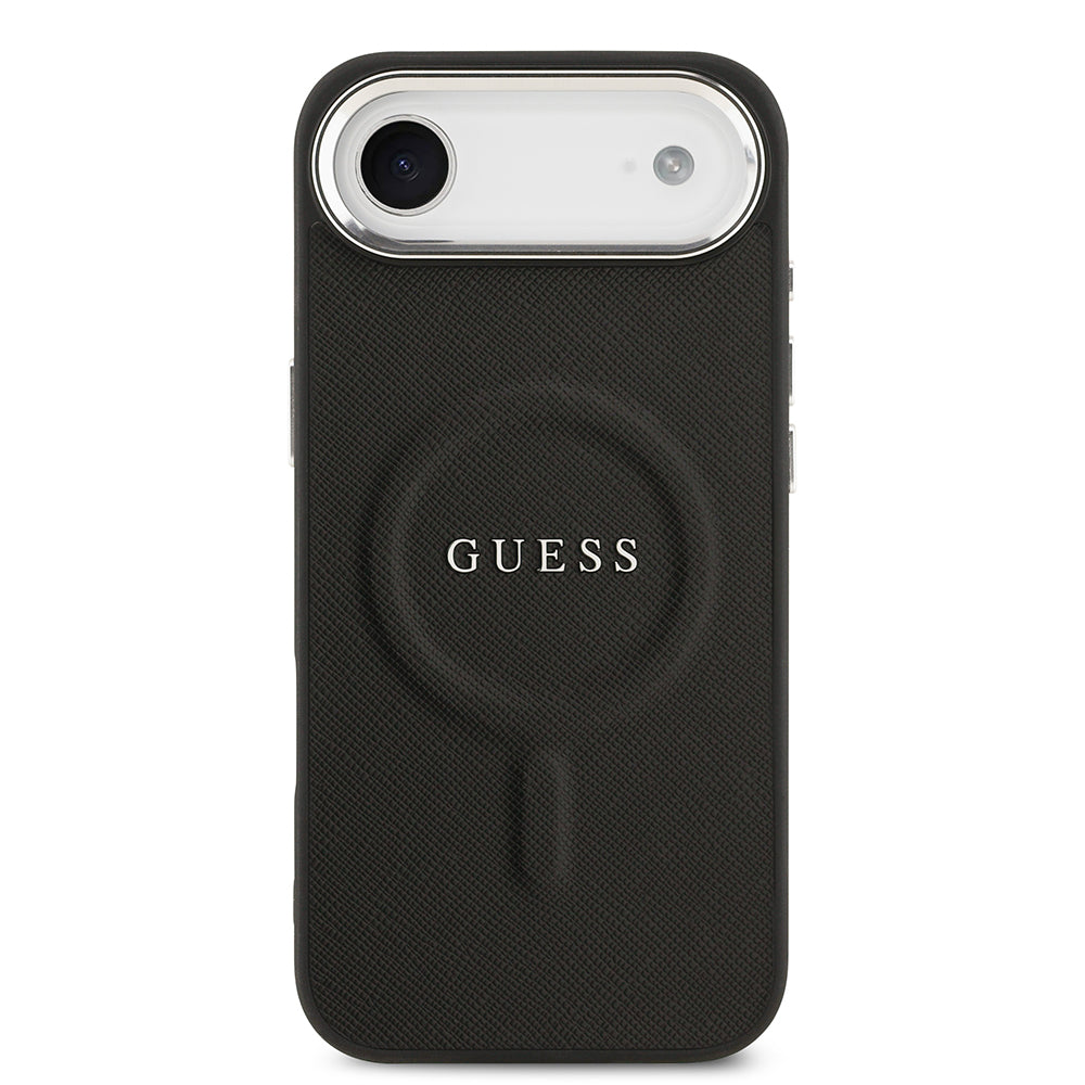 Apple iPhone 17 Air Kılıf Guess M-safe Şarj Özellikli Klasik Yazı Logolu PU Deri Kapak Siyah