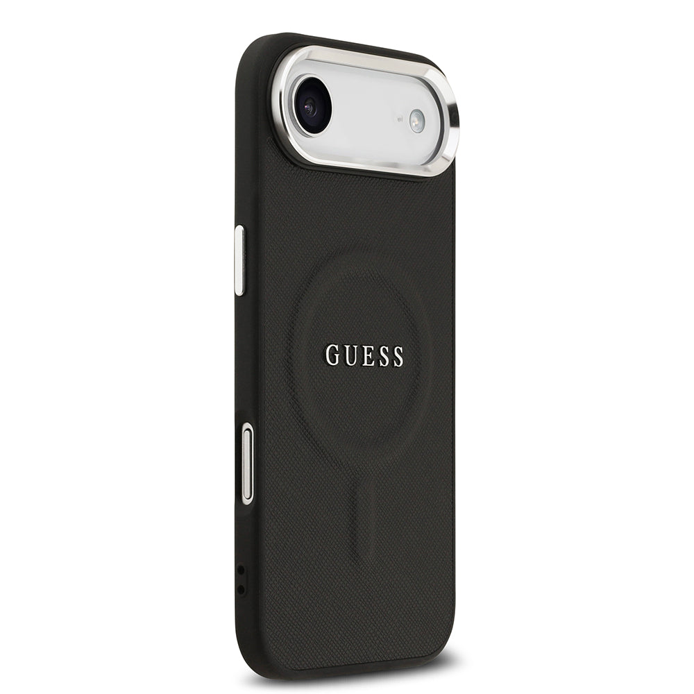 Apple iPhone 17 Air Kılıf Guess M-safe Şarj Özellikli Klasik Yazı Logolu PU Deri Kapak Siyah