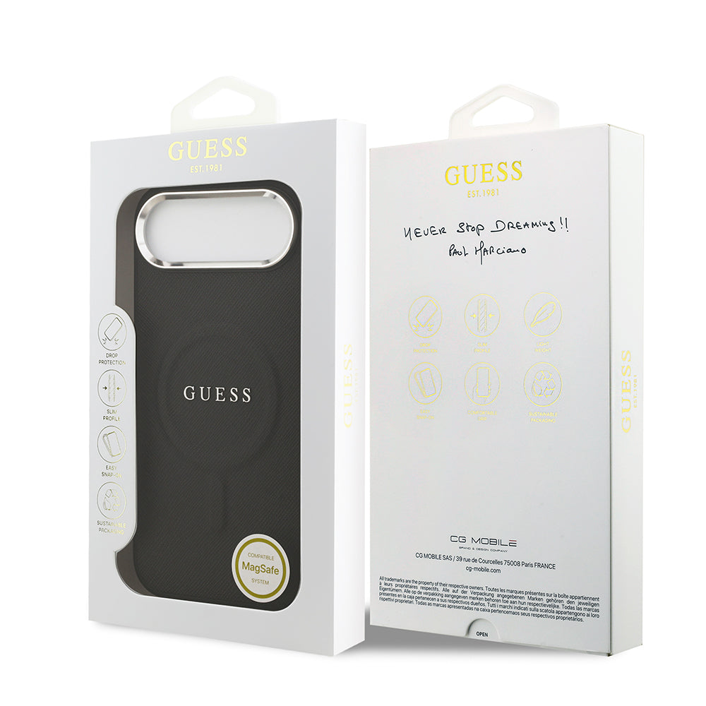 Apple iPhone 17 Air Kılıf Guess M-safe Şarj Özellikli Klasik Yazı Logolu PU Deri Kapak Siyah