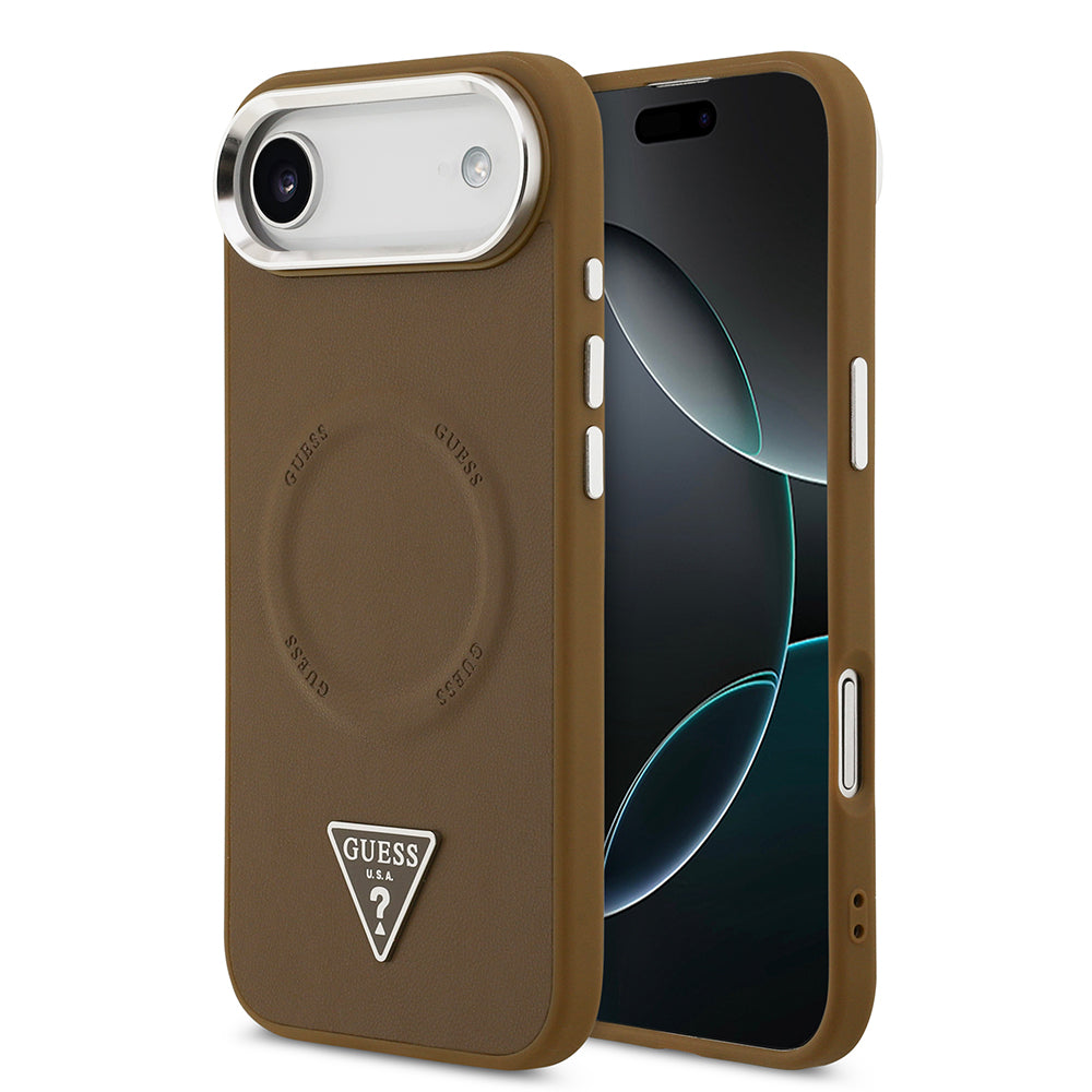 Apple iPhone 17 Air Kılıf Guess M-safe Şarj Özellikli PU Deri Metal Kamera Çerçeveli Üçgen Logolu Kapak Kahverengi