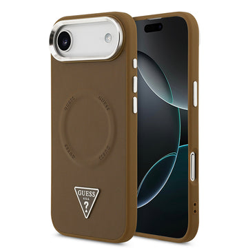 Apple iPhone 17 Air Kılıf Guess M-safe Şarj Özellikli PU Deri Metal Kamera Çerçeveli Üçgen Logolu Kapak Kahverengi