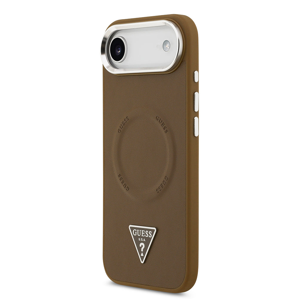Apple iPhone 17 Air Kılıf Guess M-safe Şarj Özellikli PU Deri Metal Kamera Çerçeveli Üçgen Logolu Kapak Kahverengi