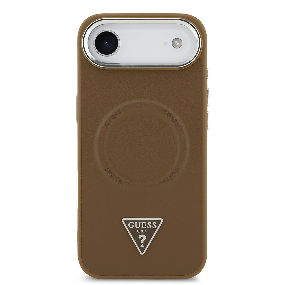 Apple iPhone 17 Air Kılıf Guess M-safe Şarj Özellikli PU Deri Metal Kamera Çerçeveli Üçgen Logolu Kapak Kahverengi