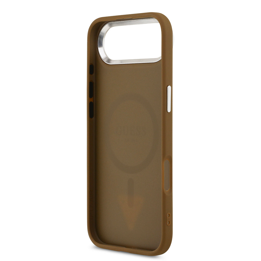 Apple iPhone 17 Air Kılıf Guess M-safe Şarj Özellikli PU Deri Metal Kamera Çerçeveli Üçgen Logolu Kapak Kahverengi