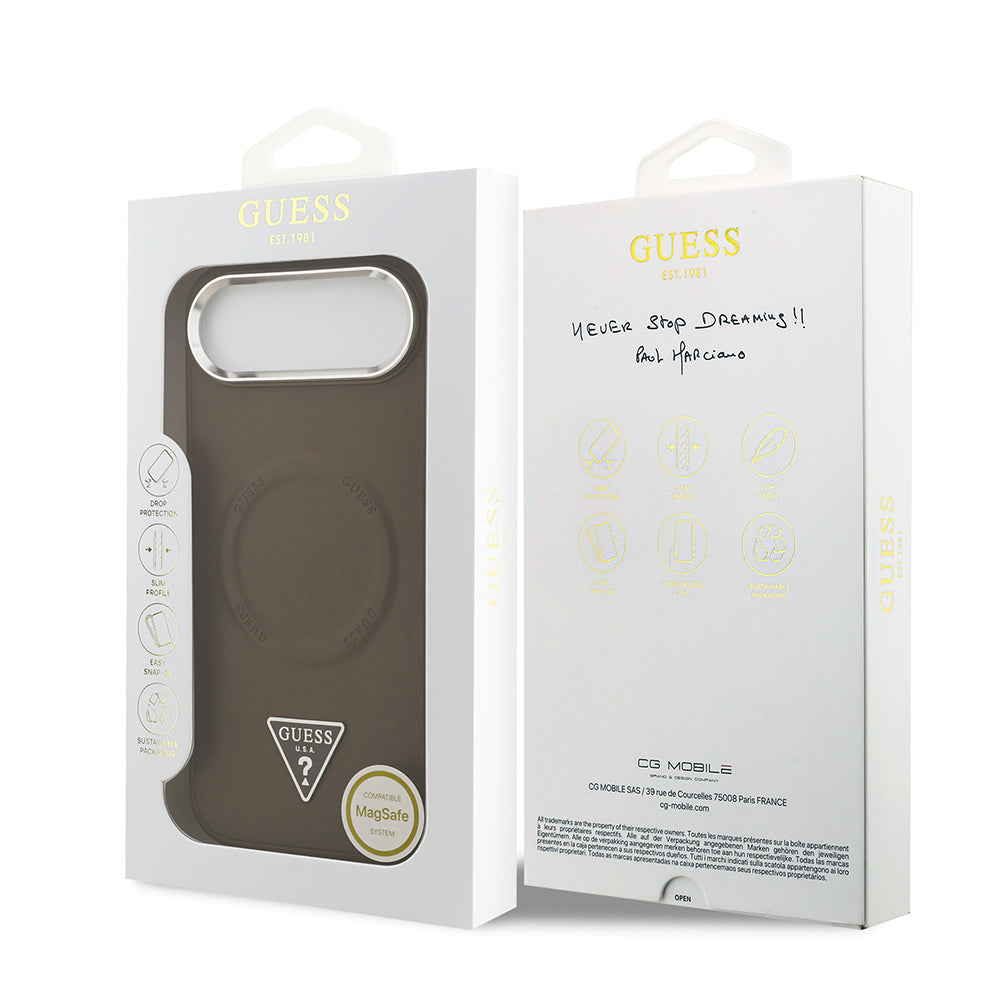 Apple iPhone 17 Air Kılıf Guess M-safe Şarj Özellikli PU Deri Metal Kamera Çerçeveli Üçgen Logolu Kapak Kahverengi