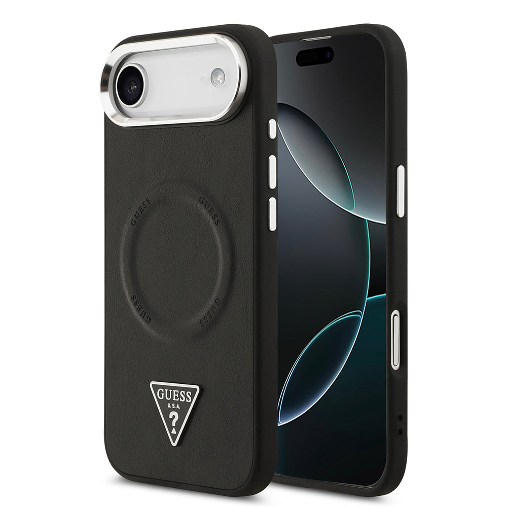 Apple iPhone 17 Air Kılıf Guess M-safe Şarj Özellikli PU Deri Metal Kamera Çerçeveli Üçgen Logolu Kapak Siyah