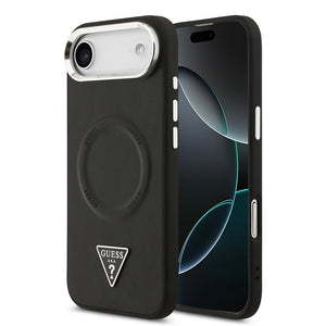Apple iPhone 17 Air Kılıf Guess M-safe Şarj Özellikli PU Deri Metal Kamera Çerçeveli Üçgen Logolu Kapak Siyah