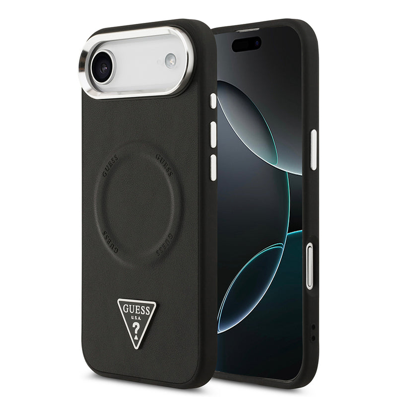 Apple iPhone 17 Air Kılıf Guess M-safe Şarj Özellikli PU Deri Metal Kamera Çerçeveli Üçgen Logolu Kapak Siyah
