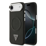 Apple iPhone 17 Air Kılıf Guess M-safe Şarj Özellikli PU Deri Metal Kamera Çerçeveli Üçgen Logolu Kapak Siyah