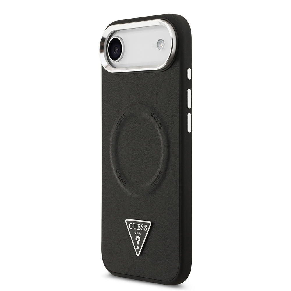Apple iPhone 17 Air Kılıf Guess M-safe Şarj Özellikli PU Deri Metal Kamera Çerçeveli Üçgen Logolu Kapak Siyah