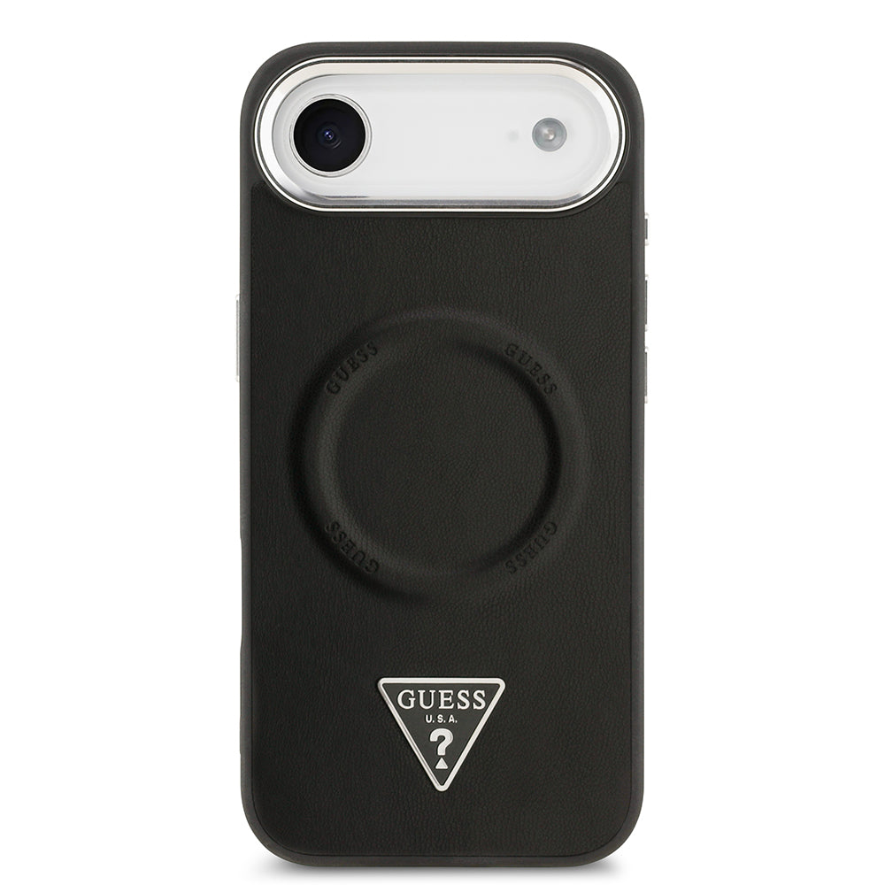 Apple iPhone 17 Air Kılıf Guess M-safe Şarj Özellikli PU Deri Metal Kamera Çerçeveli Üçgen Logolu Kapak Siyah
