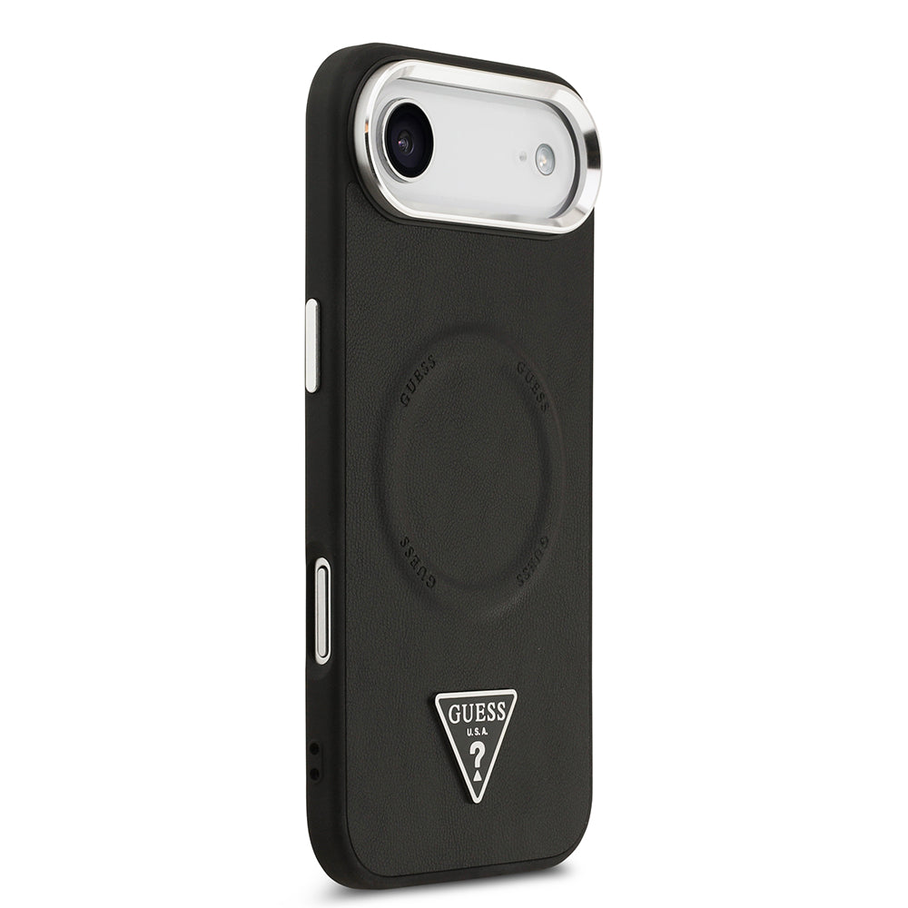 Apple iPhone 17 Air Kılıf Guess M-safe Şarj Özellikli PU Deri Metal Kamera Çerçeveli Üçgen Logolu Kapak Siyah