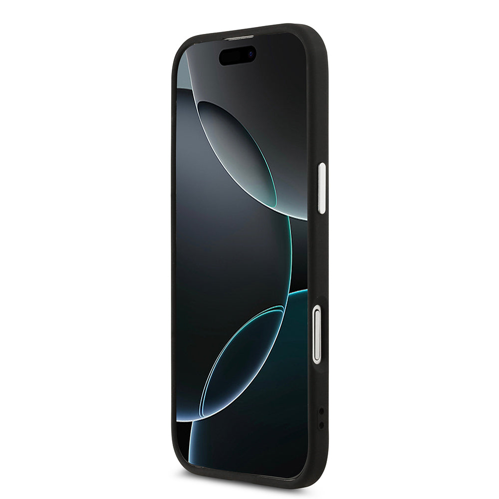 Apple iPhone 17 Air Kılıf Guess M-safe Şarj Özellikli PU Deri Metal Kamera Çerçeveli Üçgen Logolu Kapak Siyah