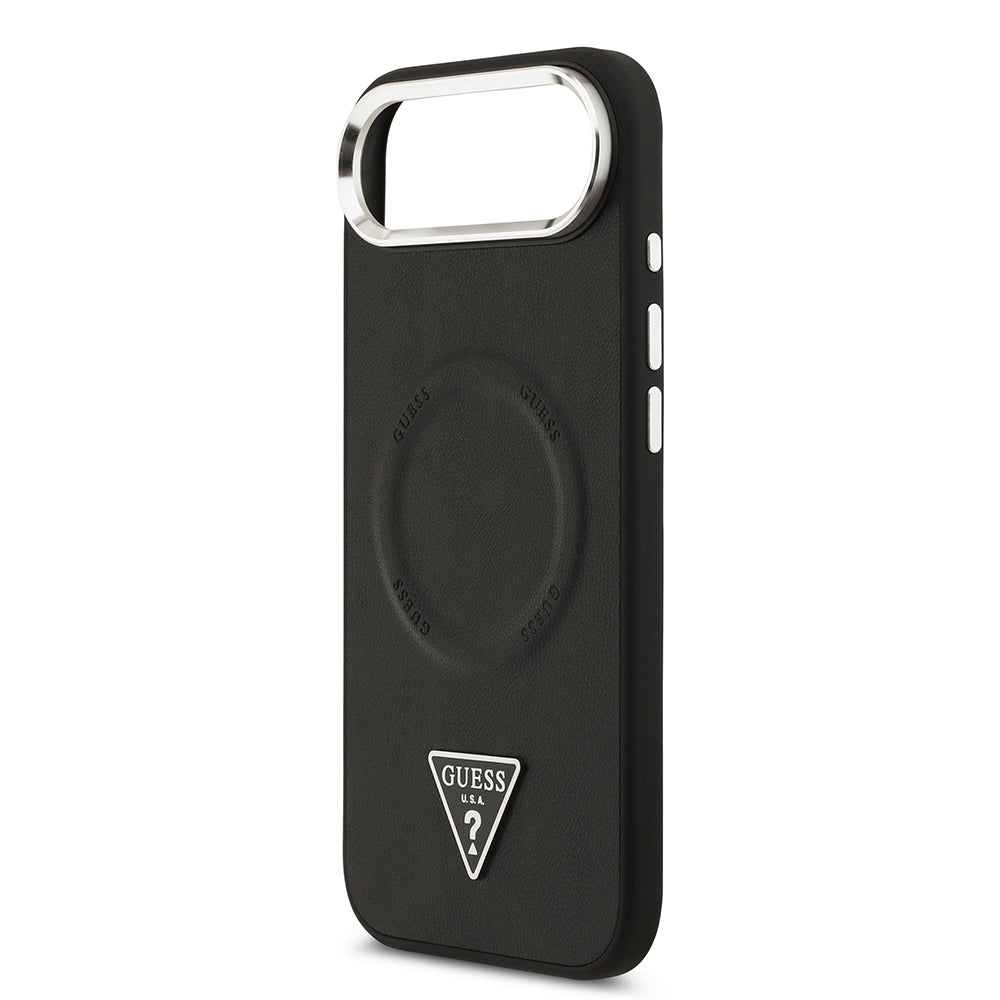 Apple iPhone 17 Air Kılıf Guess M-safe Şarj Özellikli PU Deri Metal Kamera Çerçeveli Üçgen Logolu Kapak Siyah