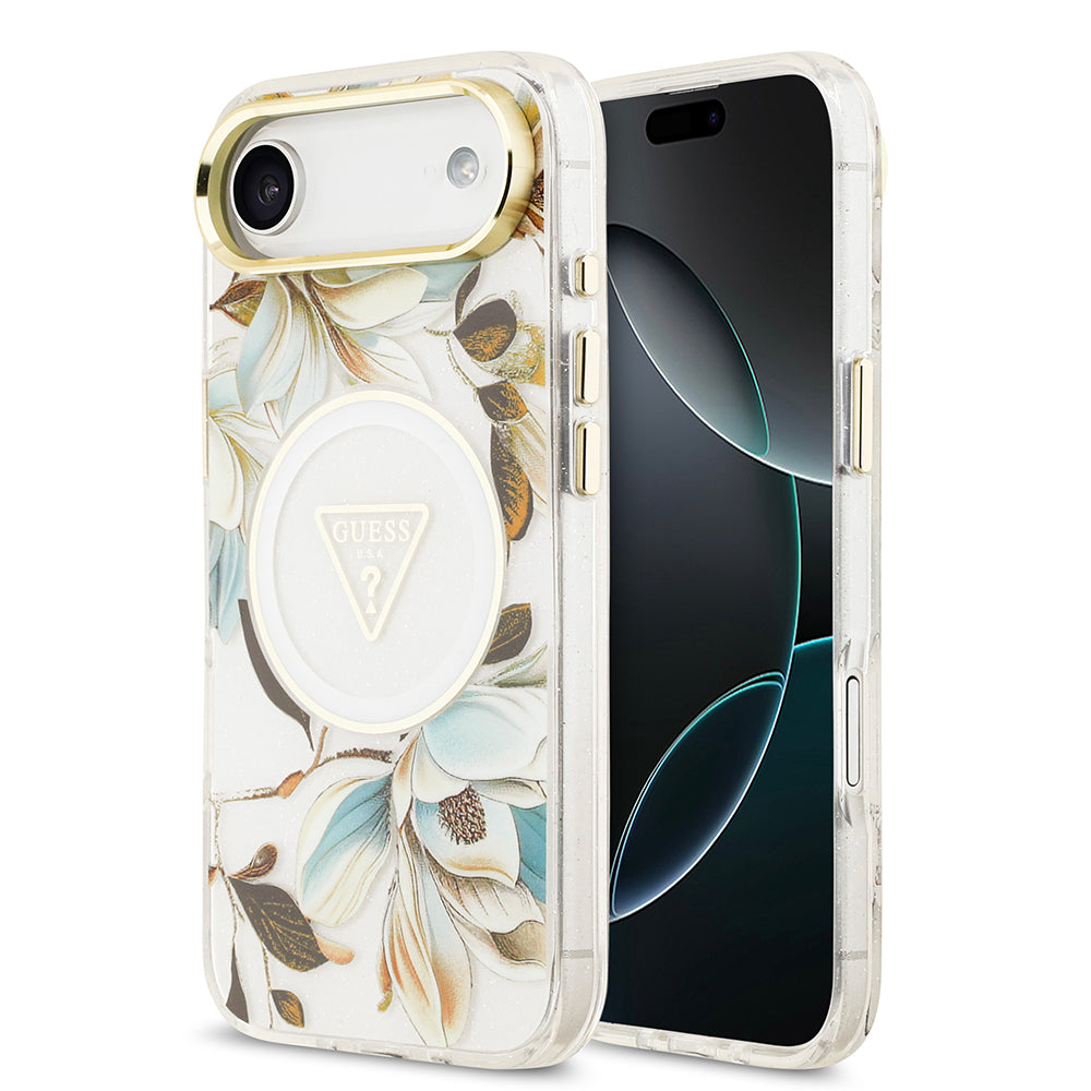 Apple iPhone 17 Air Kılıf Guess M-safe Şarj Özellikli Simli Çiçek Desenli Üçgen Logolu Kapak Beyaz