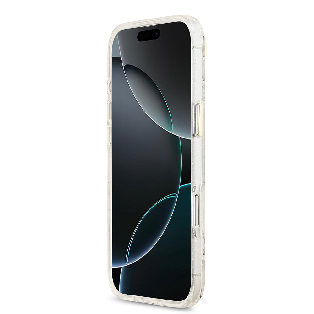 Apple iPhone 17 Air Kılıf Guess M-safe Şarj Özellikli Simli Çiçek Desenli Üçgen Logolu Kapak Beyaz