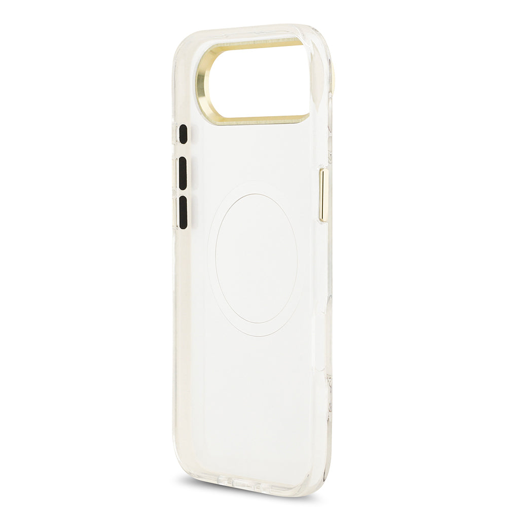 Apple iPhone 17 Air Kılıf Guess M-safe Şarj Özellikli Simli Çiçek Desenli Üçgen Logolu Kapak Beyaz