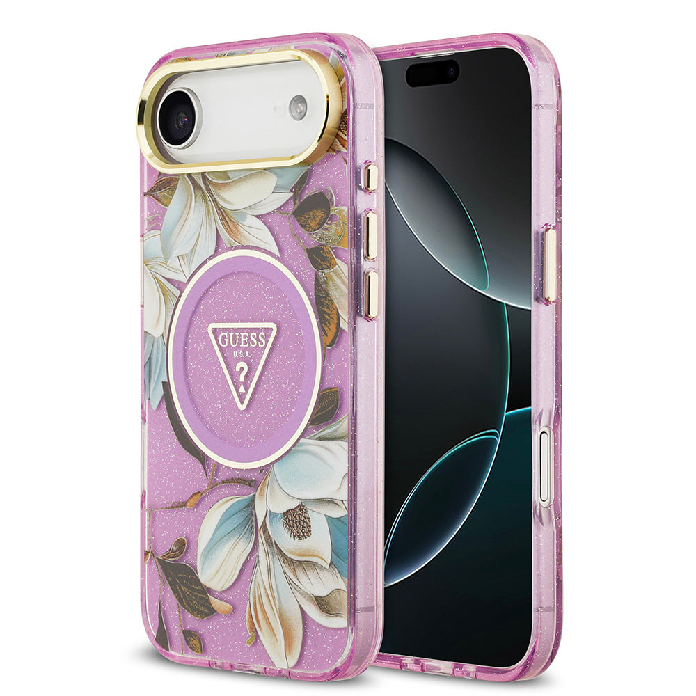 Apple iPhone 17 Air Kılıf Guess M-safe Şarj Özellikli Simli Çiçek Desenli Üçgen Logolu Kapak Mor