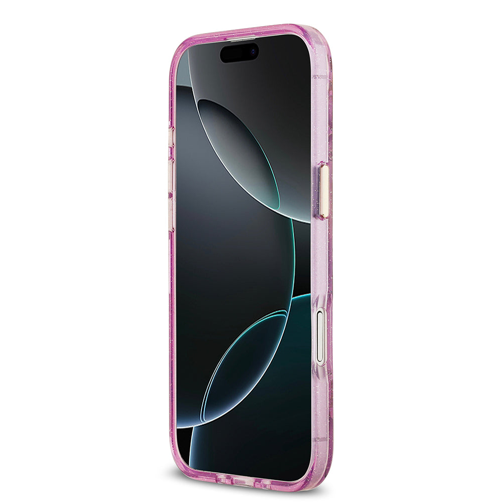 Apple iPhone 17 Air Kılıf Guess M-safe Şarj Özellikli Simli Çiçek Desenli Üçgen Logolu Kapak Mor