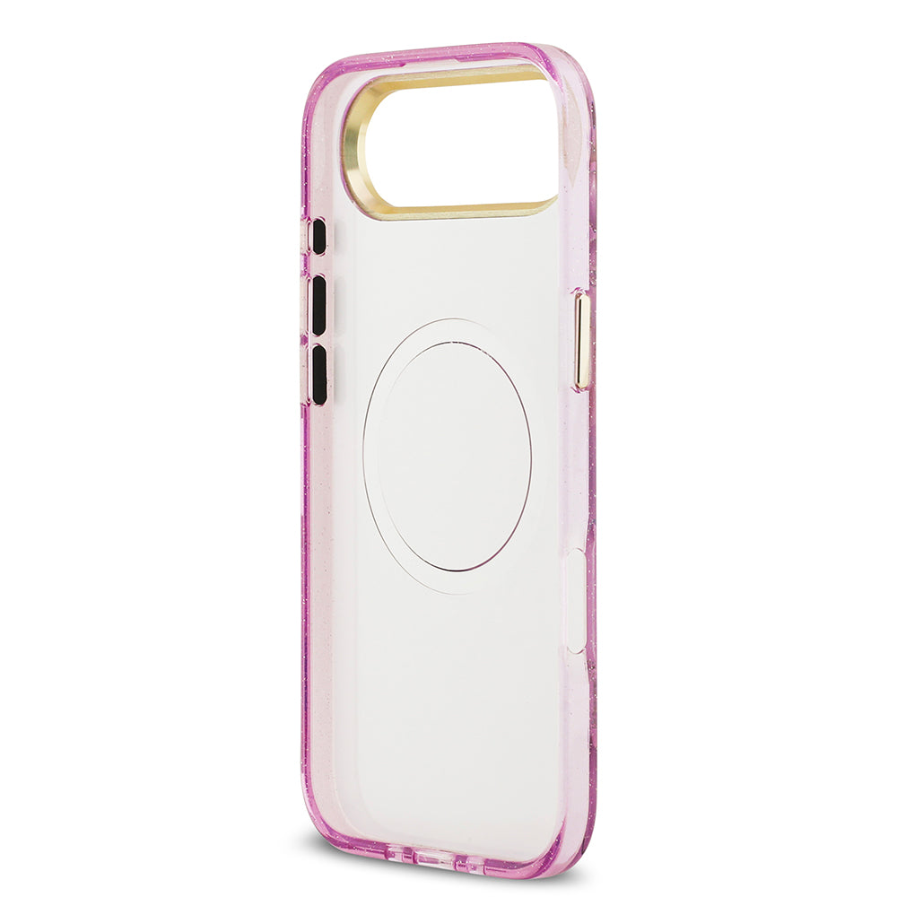 Apple iPhone 17 Air Kılıf Guess M-safe Şarj Özellikli Simli Çiçek Desenli Üçgen Logolu Kapak Mor