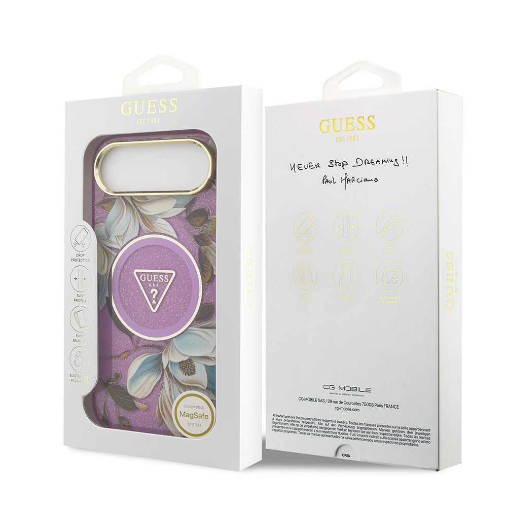 Apple iPhone 17 Air Kılıf Guess M-safe Şarj Özellikli Simli Çiçek Desenli Üçgen Logolu Kapak Mor