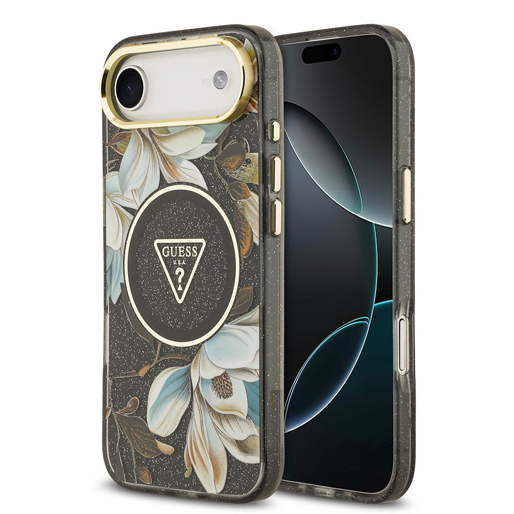 Apple iPhone 17 Air Kılıf Guess M-safe Şarj Özellikli Simli Çiçek Desenli Üçgen Logolu Kapak Siyah