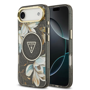Apple iPhone 17 Air Kılıf Guess M-safe Şarj Özellikli Simli Çiçek Desenli Üçgen Logolu Kapak Siyah