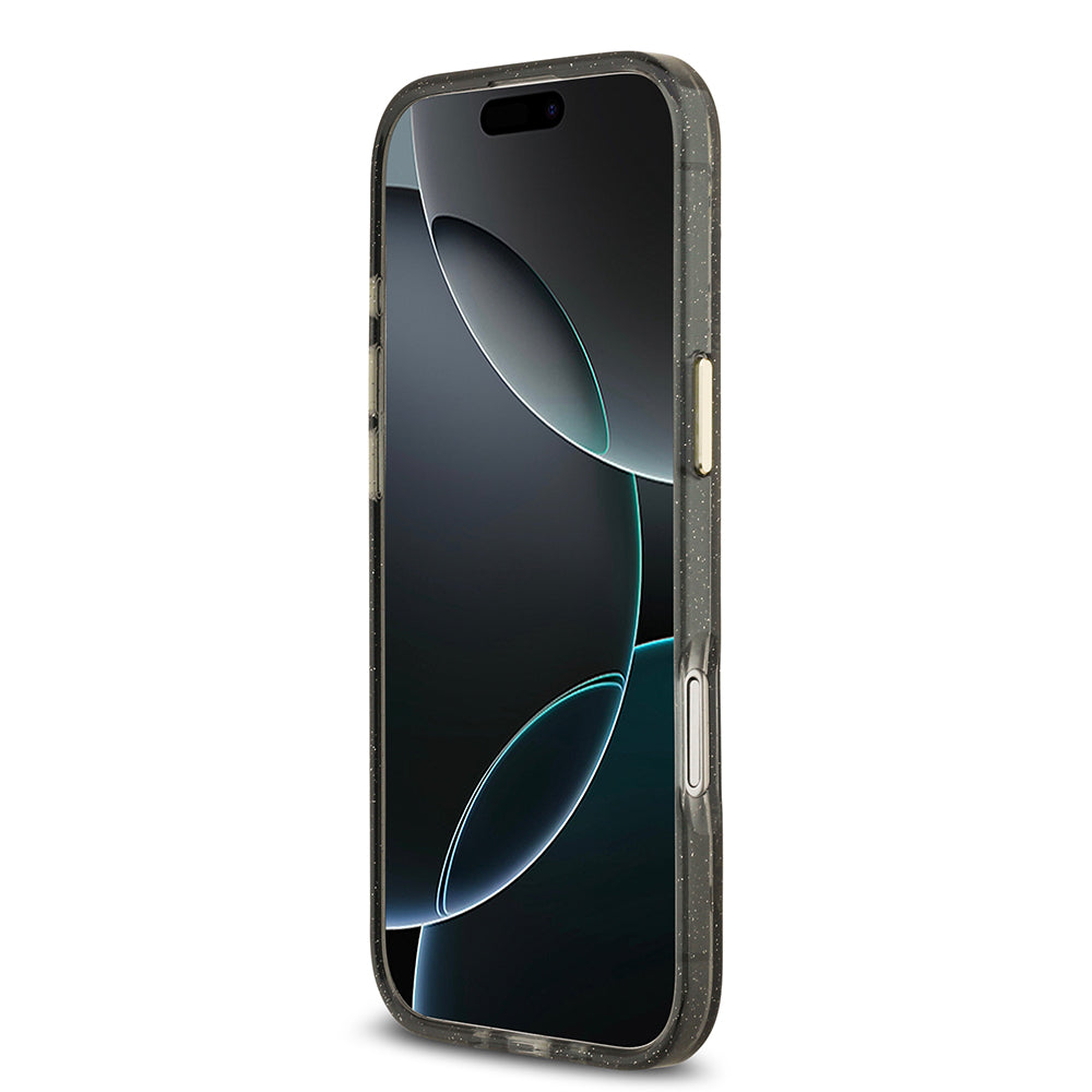 Apple iPhone 17 Air Kılıf Guess M-safe Şarj Özellikli Simli Çiçek Desenli Üçgen Logolu Kapak Siyah