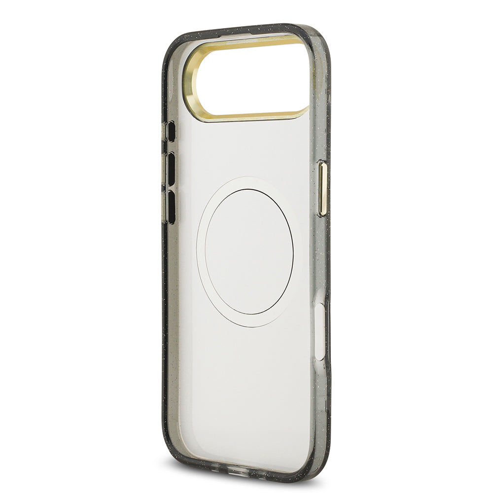 Apple iPhone 17 Air Kılıf Guess M-safe Şarj Özellikli Simli Çiçek Desenli Üçgen Logolu Kapak Siyah