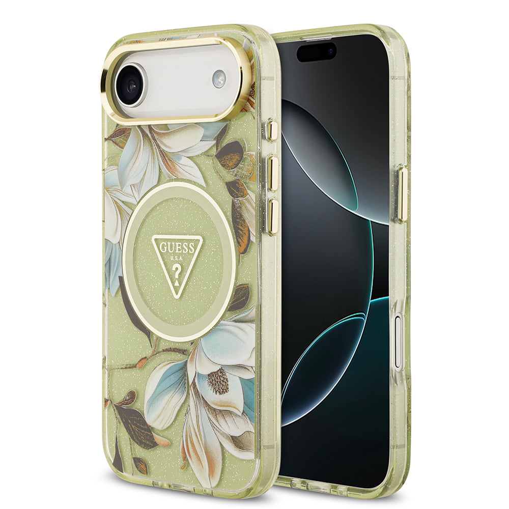 Apple iPhone 17 Air Kılıf Guess M-safe Şarj Özellikli Simli Çiçek Desenli Üçgen Logolu Kapak Yeşil