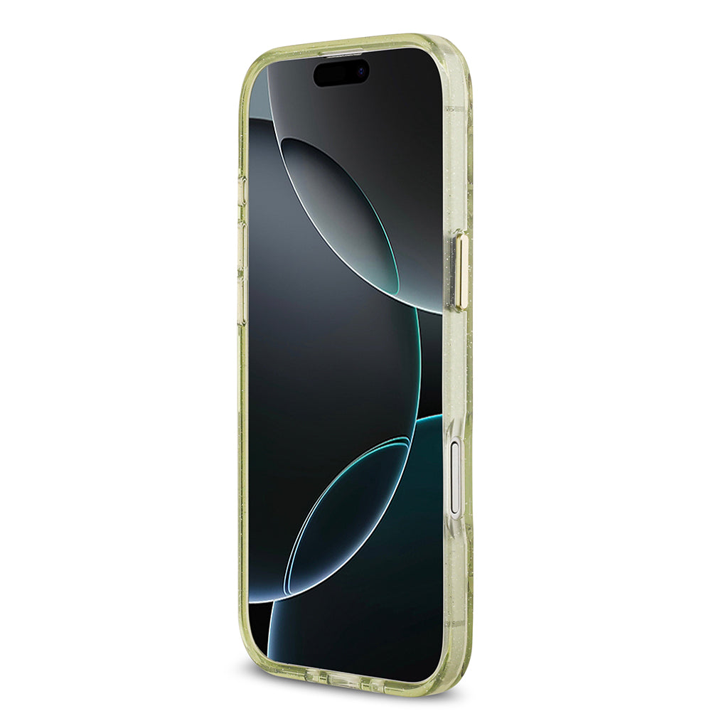 Apple iPhone 17 Air Kılıf Guess M-safe Şarj Özellikli Simli Çiçek Desenli Üçgen Logolu Kapak Yeşil