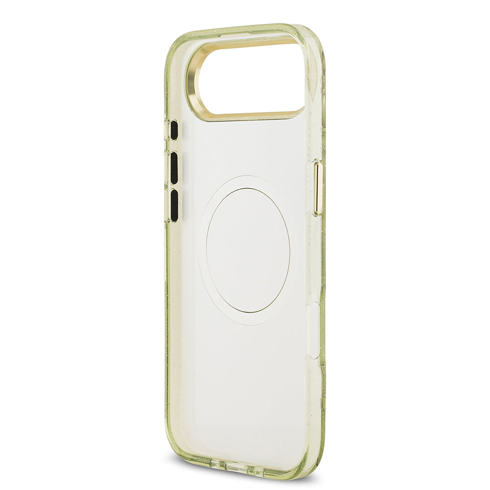 Apple iPhone 17 Air Kılıf Guess M-safe Şarj Özellikli Simli Çiçek Desenli Üçgen Logolu Kapak Yeşil