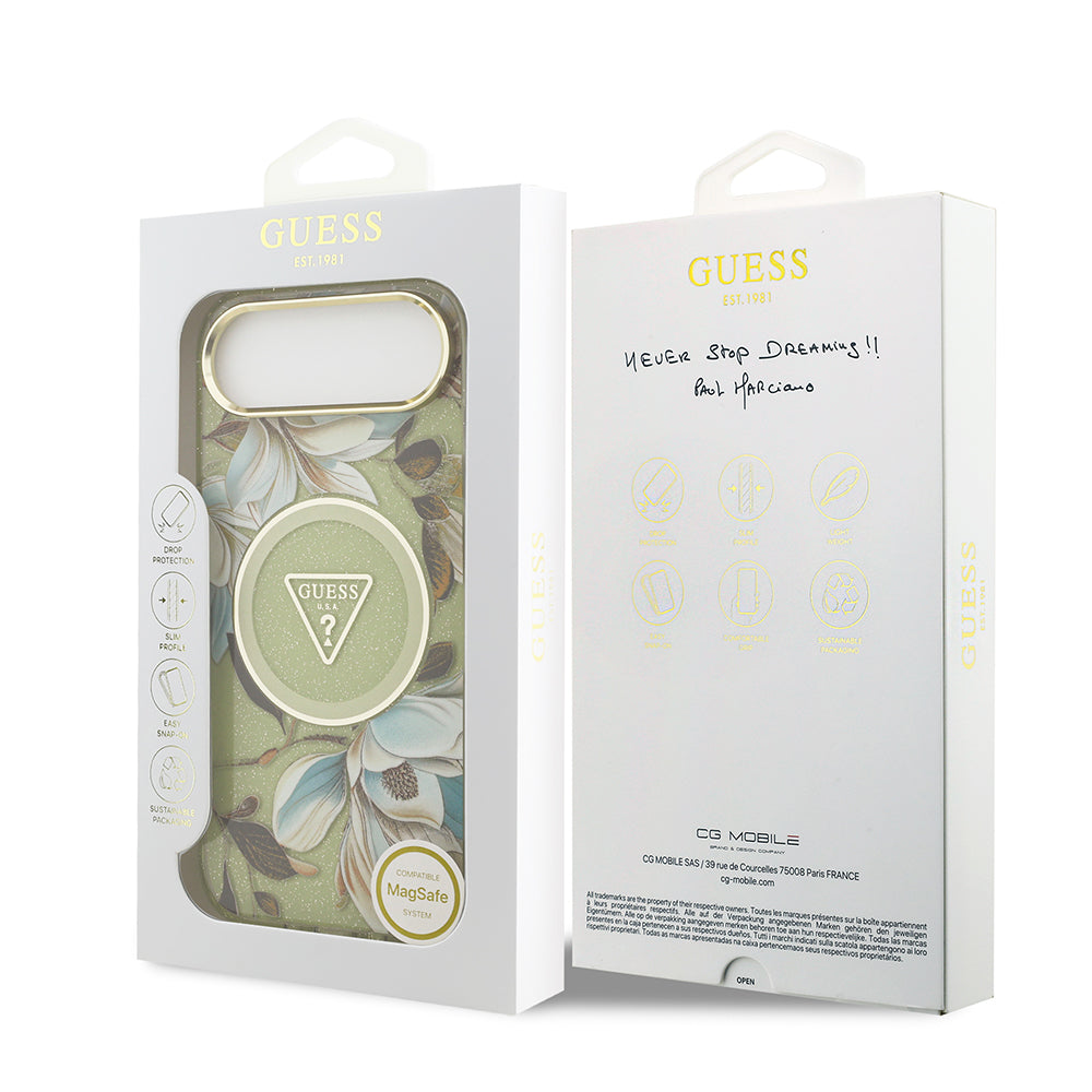 Apple iPhone 17 Air Kılıf Guess M-safe Şarj Özellikli Simli Çiçek Desenli Üçgen Logolu Kapak Yeşil