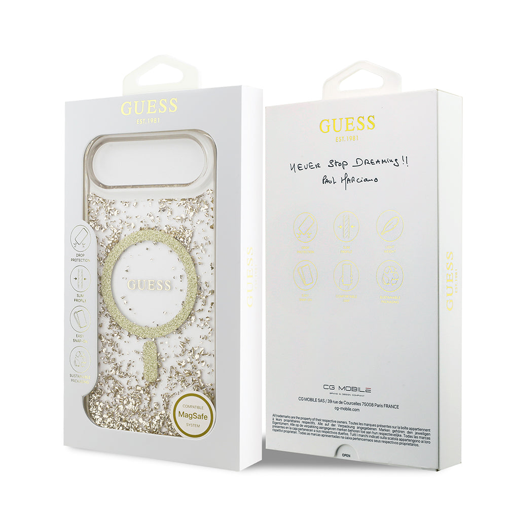 Apple iPhone 17 Air Kılıf Guess M-safe Şarj Özellikli Transparan Resin Bottom Pullu Kapak Gold