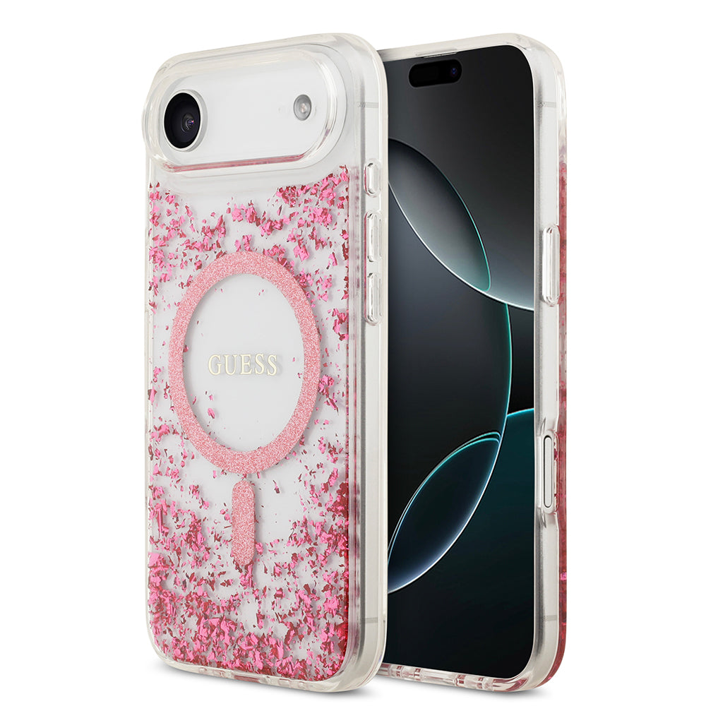 Apple iPhone 17 Air Kılıf Guess M-safe Şarj Özellikli Transparan Resin Bottom Pullu Kapak Pembe