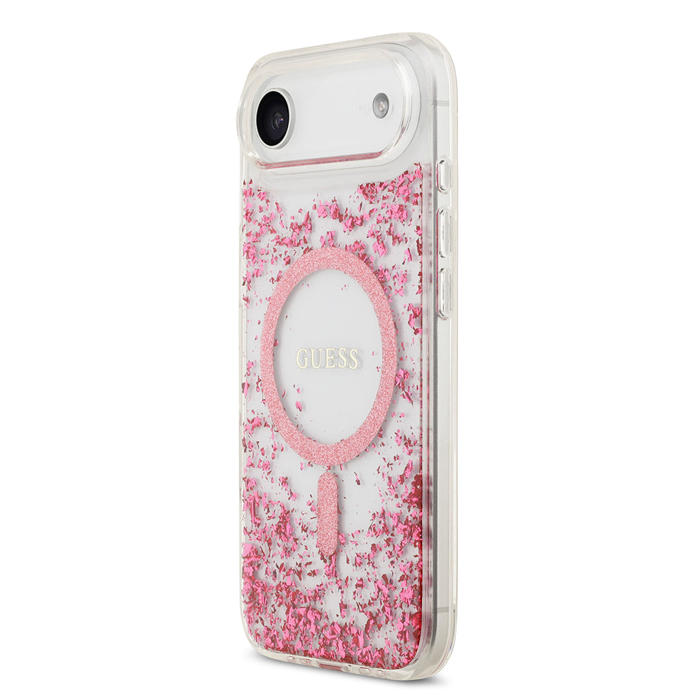 Apple iPhone 17 Air Kılıf Guess M-safe Şarj Özellikli Transparan Resin Bottom Pullu Kapak Pembe