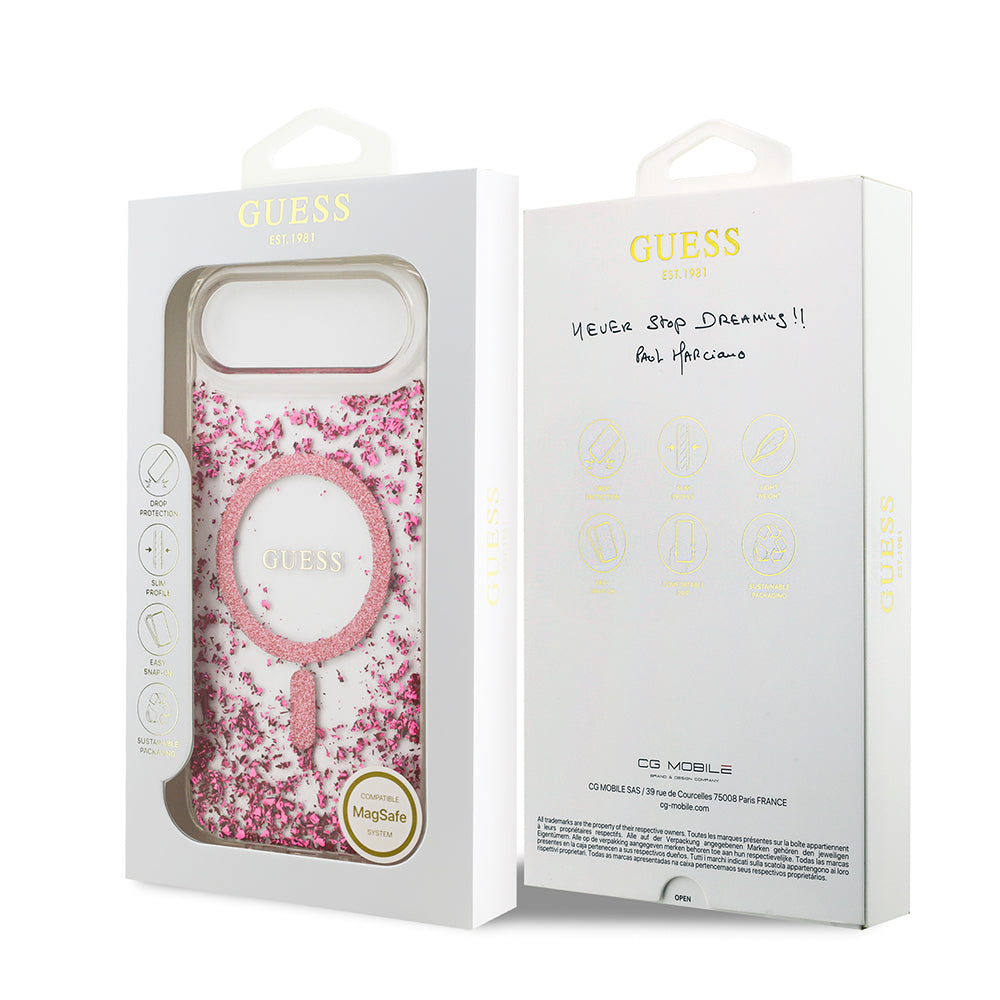 Apple iPhone 17 Air Kılıf Guess M-safe Şarj Özellikli Transparan Resin Bottom Pullu Kapak Pembe