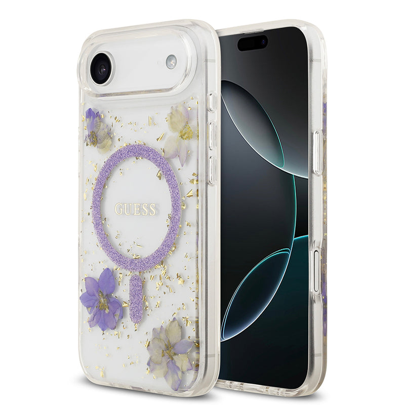 Apple iPhone 17 Air Kılıf Guess M-safe Şarj Özellikli Transparan Resin Flowers Kapak Mor