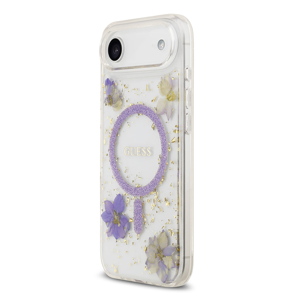 Apple iPhone 17 Air Kılıf Guess M-safe Şarj Özellikli Transparan Resin Flowers Kapak Mor