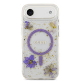 Apple iPhone 17 Air Kılıf Guess M-safe Şarj Özellikli Transparan Resin Flowers Kapak Mor