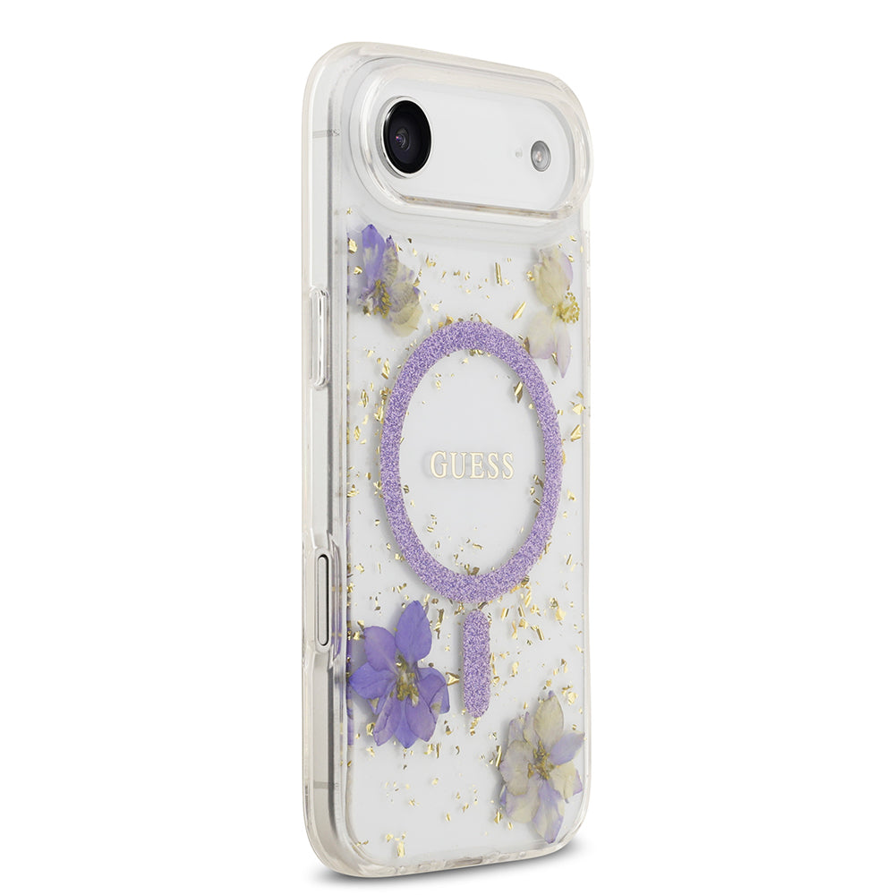 Apple iPhone 17 Air Kılıf Guess M-safe Şarj Özellikli Transparan Resin Flowers Kapak Mor