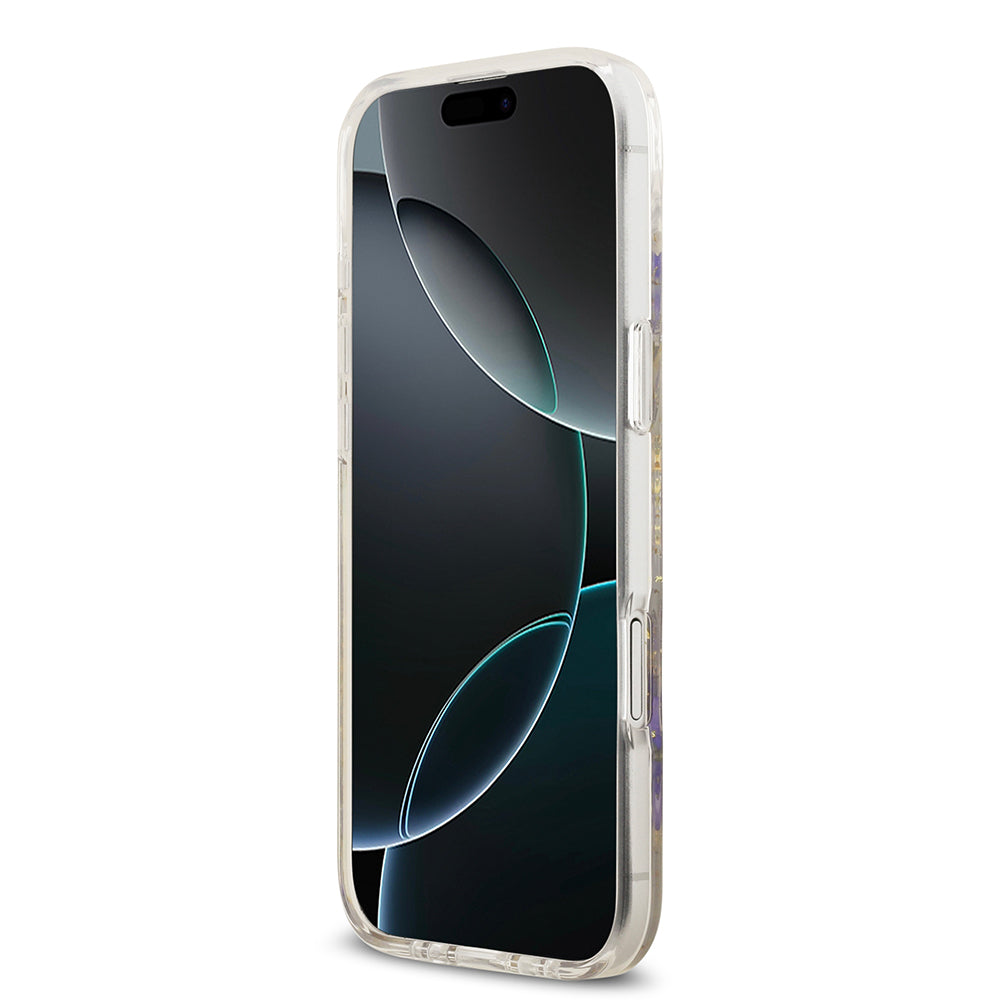 Apple iPhone 17 Air Kılıf Guess M-safe Şarj Özellikli Transparan Resin Flowers Kapak Mor