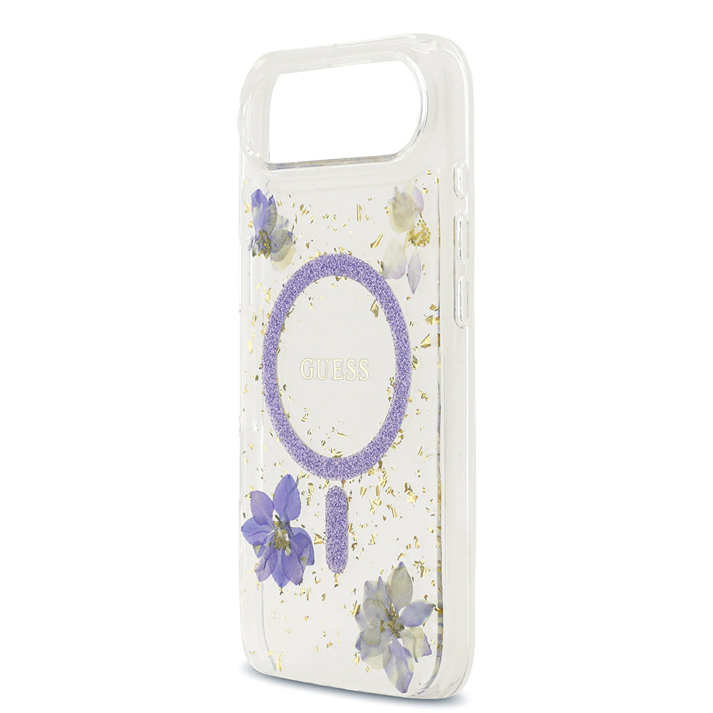 Apple iPhone 17 Air Kılıf Guess M-safe Şarj Özellikli Transparan Resin Flowers Kapak Mor