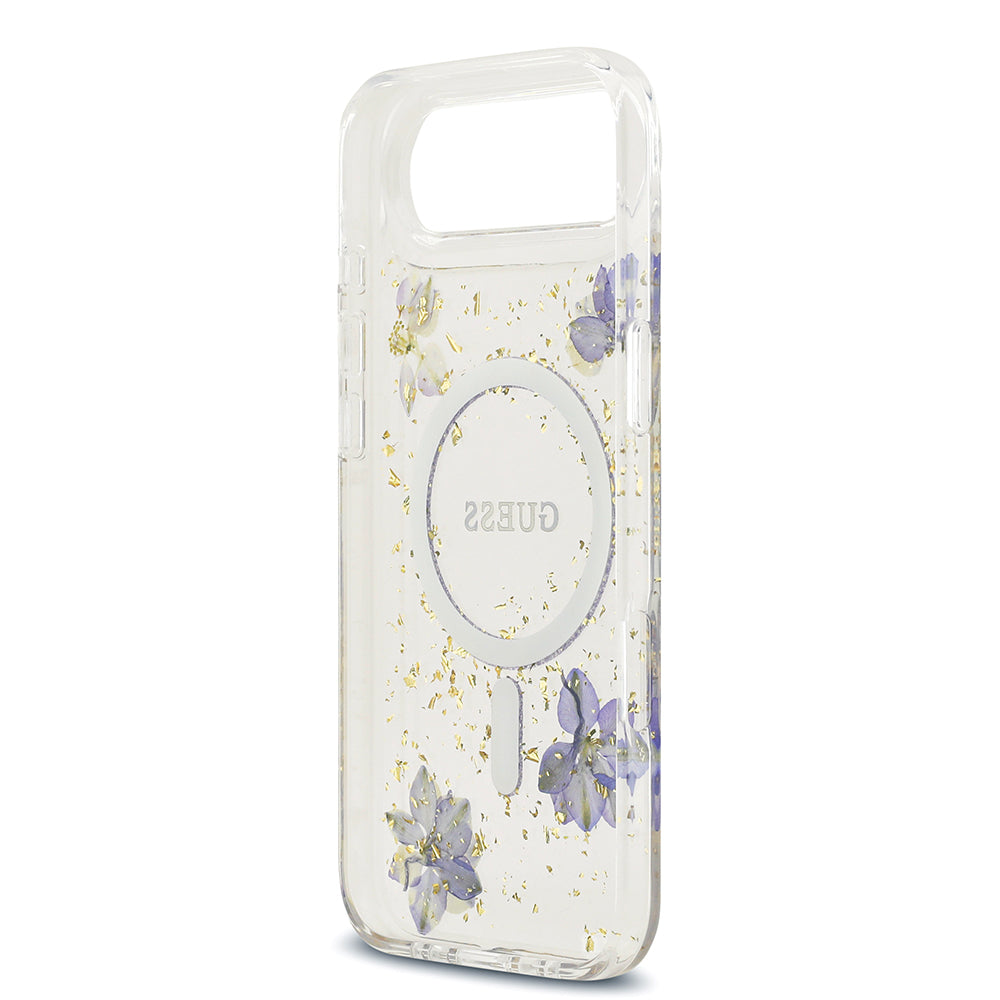 Apple iPhone 17 Air Kılıf Guess M-safe Şarj Özellikli Transparan Resin Flowers Kapak Mor