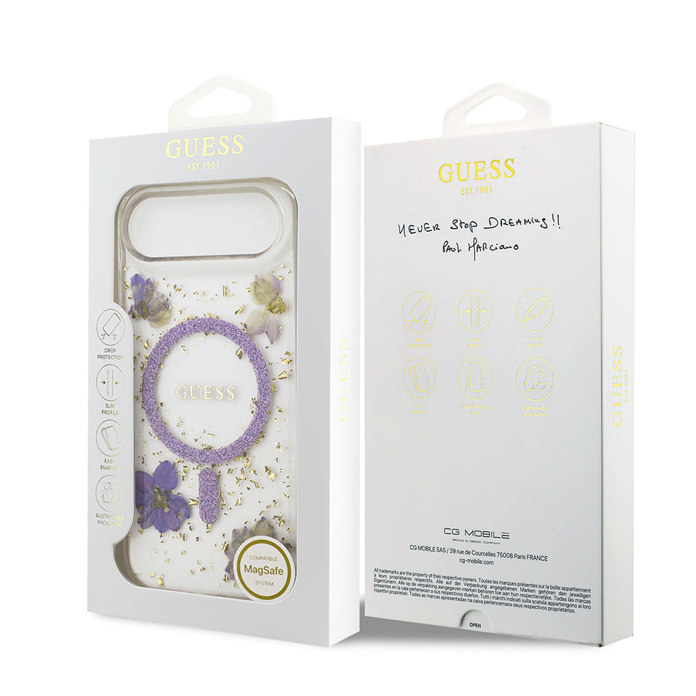 Apple iPhone 17 Air Kılıf Guess M-safe Şarj Özellikli Transparan Resin Flowers Kapak Mor